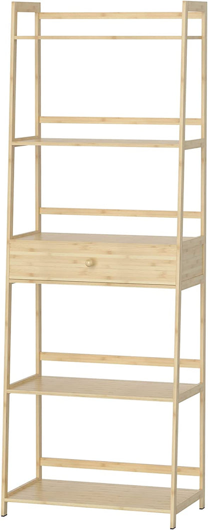 5 Tier Bamboo Ladder Shelf Bookcase, Modern Open Book Case for Living Room, Bedroom and Office