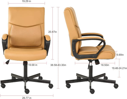 Lumber support with High density foam cushion Adjustable Caramel PU Leather Executive Office Chair, Ergonomic Rolling Swivel Task Computer Chair with Armrest