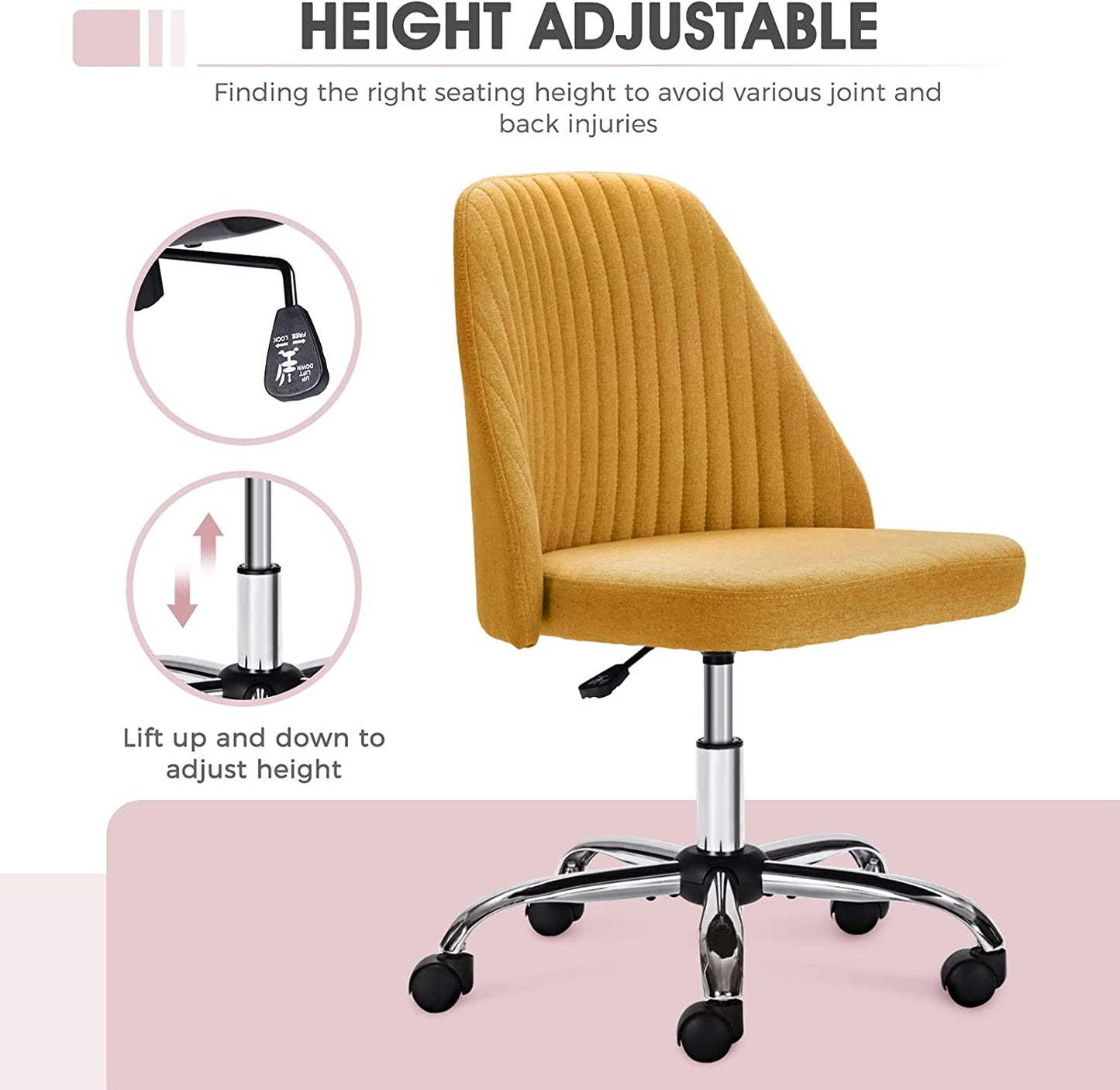 High Density Foam with Adjustable Rolling Chair, Armless Cute Modern Task Chair for Office, Home, Make Up with Colored Cover