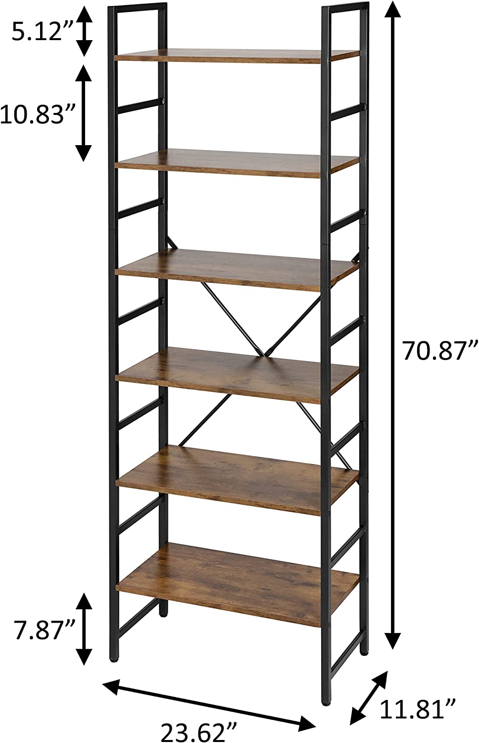 6 Tier Bookshelf Freestanding Open Bookcase Book Storage Unit Shelf with Adjustable Feet for Home Living Room, Kitchen, Office, Vintage Style Board