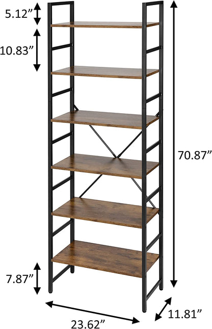 6 Tier Bookshelf Freestanding Open Bookcase Book Storage Unit Shelf with Adjustable Feet for Home Living Room, Kitchen, Office, Vintage Style Board