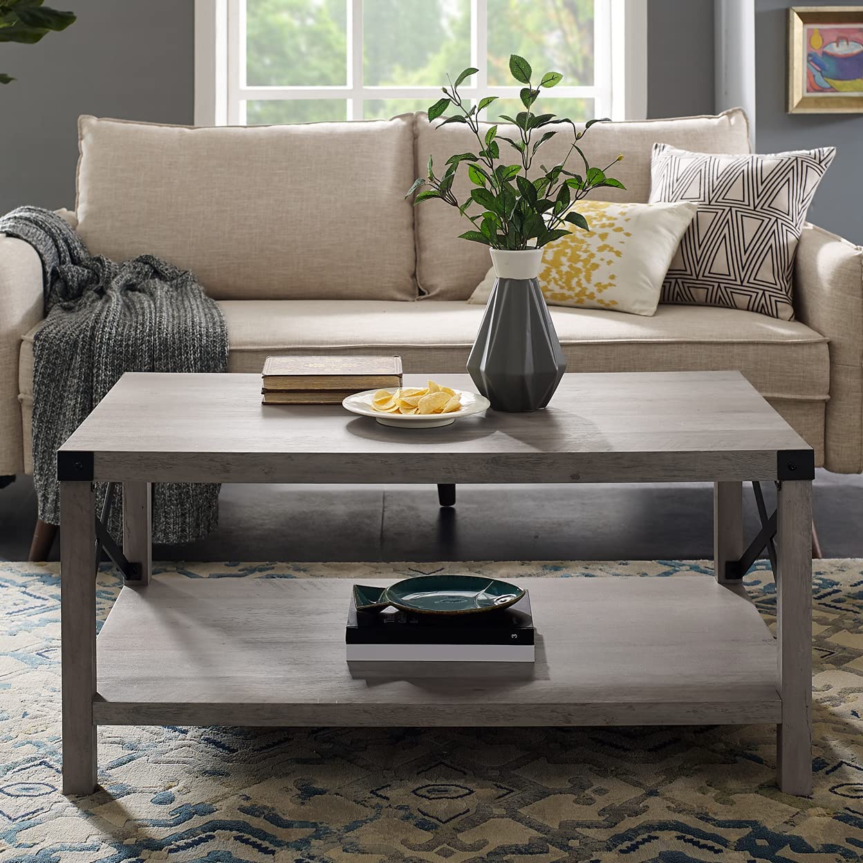 Modern House & Office Metal X Coffee Table, 40 Inch, Grey Wash