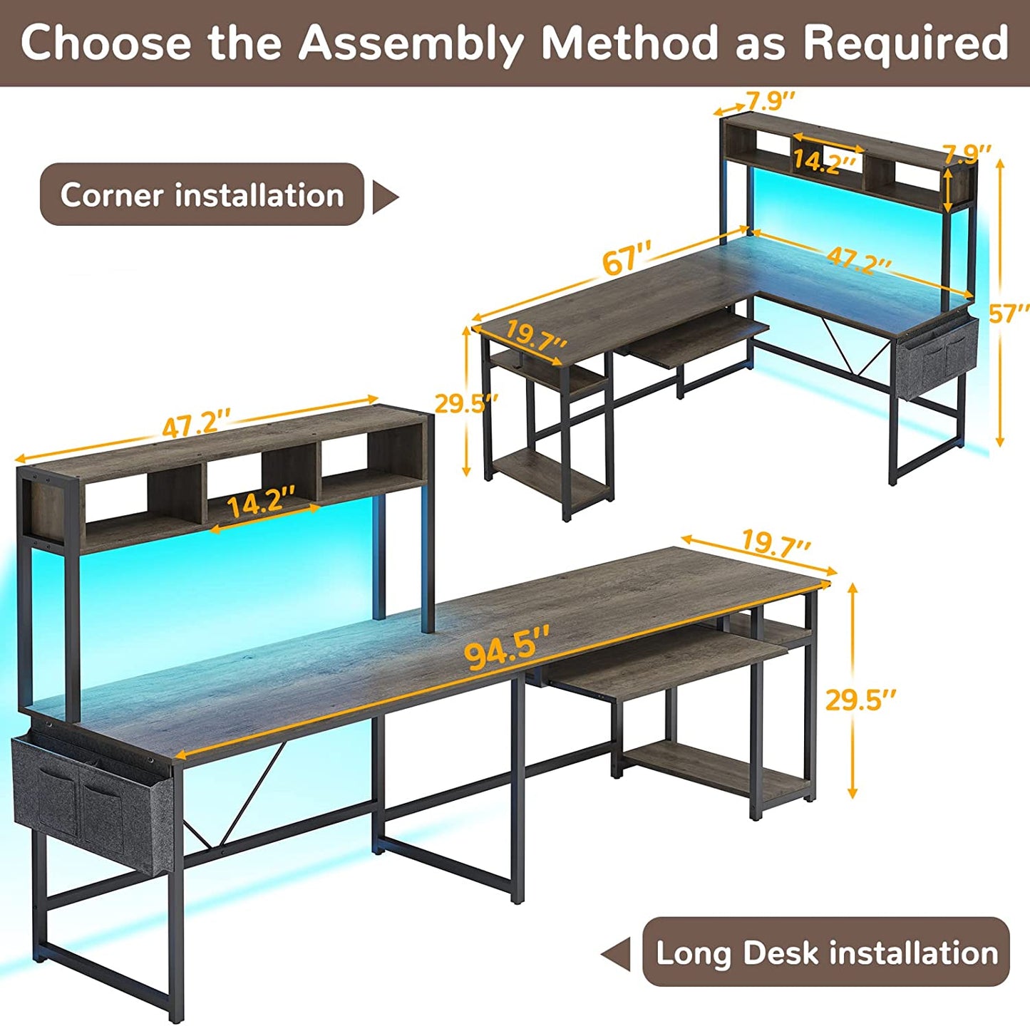 L Shaped 94.5 Inch Office Desk, Reversible Corner , L Shaped Desk with Led Lights, Keyboard Tray, Storage Shelves and Headphone Hook