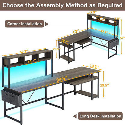 L Shaped 94.5 Inch Office Desk, Reversible Corner , L Shaped Desk with Led Lights, Keyboard Tray, Storage Shelves and Headphone Hook