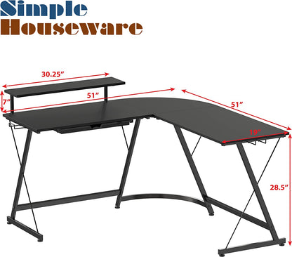 Multi-Tasking Computer and Laptop L-Shape Desk with Monitor Stand