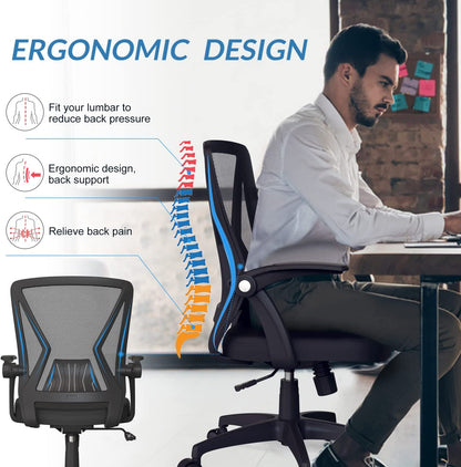 Mid Back Mesh Office Chair Ergonomic Swivel Black Mesh Computer Chair Flip Up Arms with Lumbar Support Adjustable Height Task Chair For Office Desk