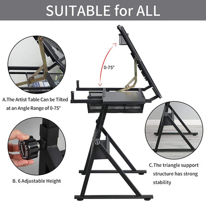 72°Tiltable Glass top w/Stool and Drawers for Reading, Writing Art Craft Work Station