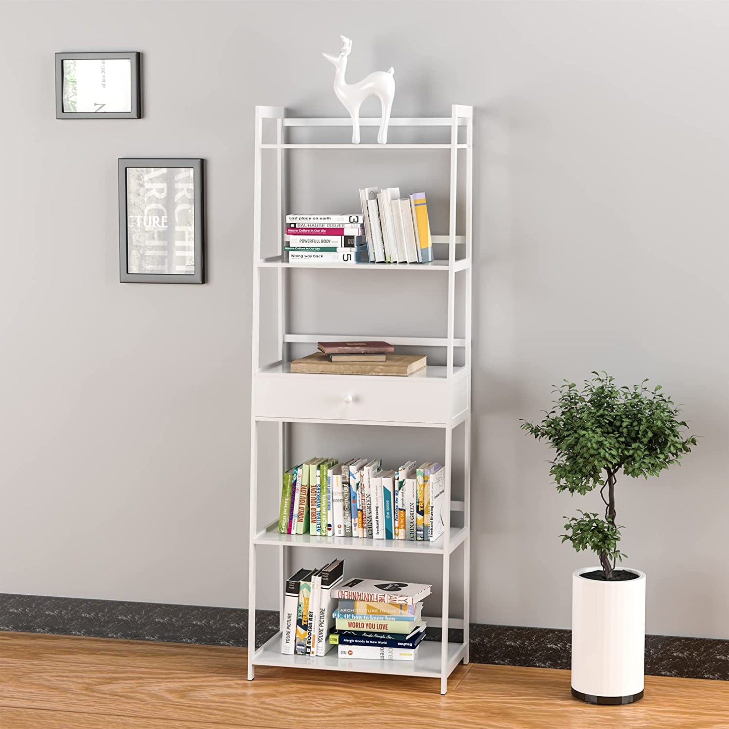 5 Tier Bamboo Ladder Shelf Bookcase, Modern Open Book Case for Living Room, Bedroom and Office