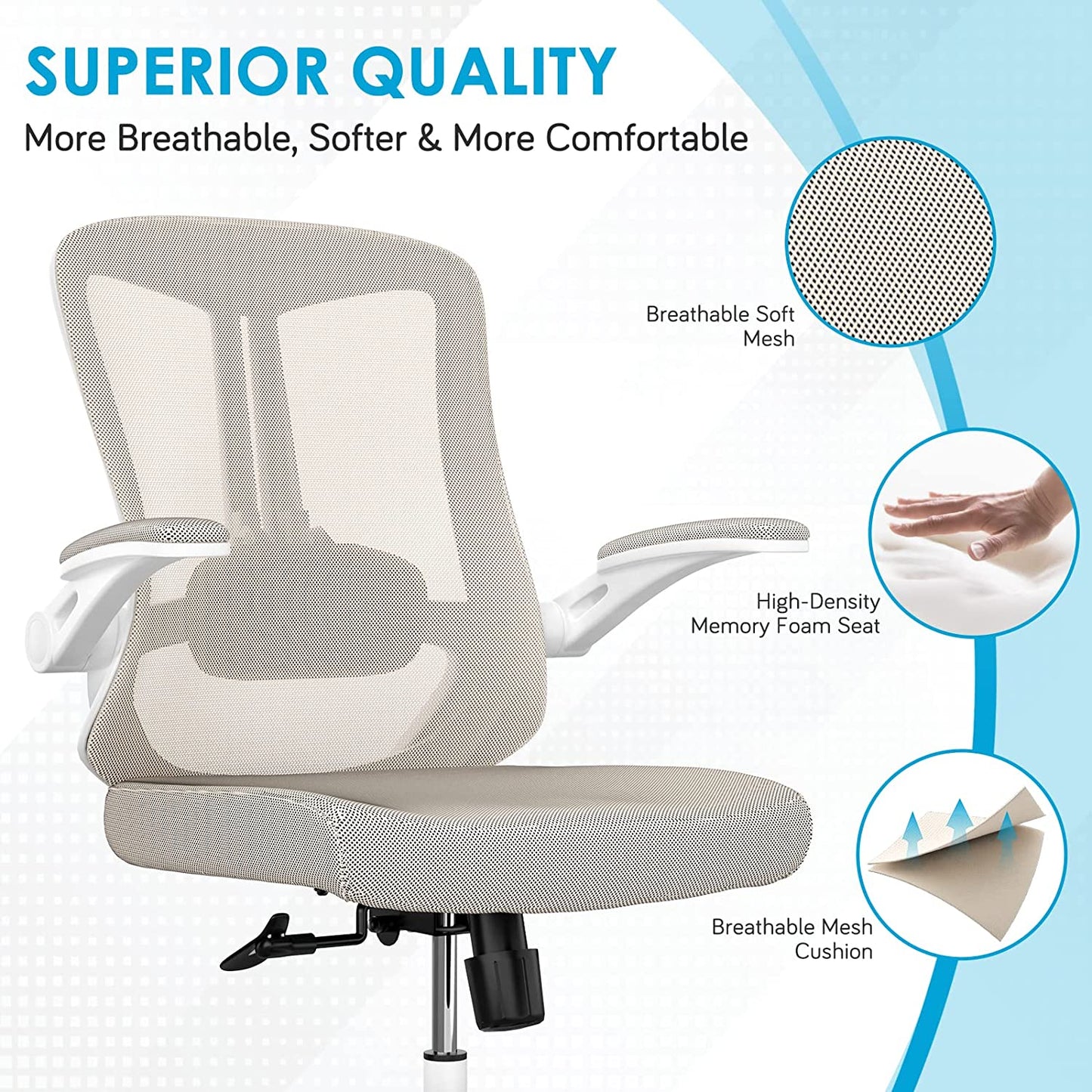 Breathable Mid-Back Comfortable Mesh Computer Chair with PU Silent Wheels, Flip-up Armrests, Tilt Function, Lumbar Support