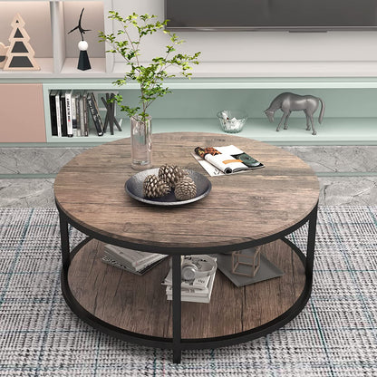 36 inches Round Coffee Table, Rustic Wooden Surface Top & Sturdy Metal Legs Table for Living Room Modern Design Home & Office Furniture with Storage Open Shelf (Light Walnut)