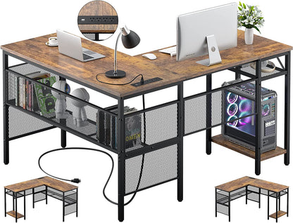 L Shaped Desk with USB Charging Port and Power Outlet, Reversible L-Shaped Corner with Storage Shelves,