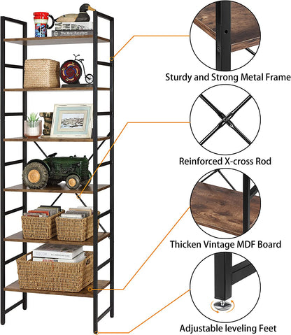 6 Tier Bookshelf Freestanding Open Bookcase Book Storage Unit Shelf with Adjustable Feet for Home Living Room, Kitchen, Office, Vintage Style Board