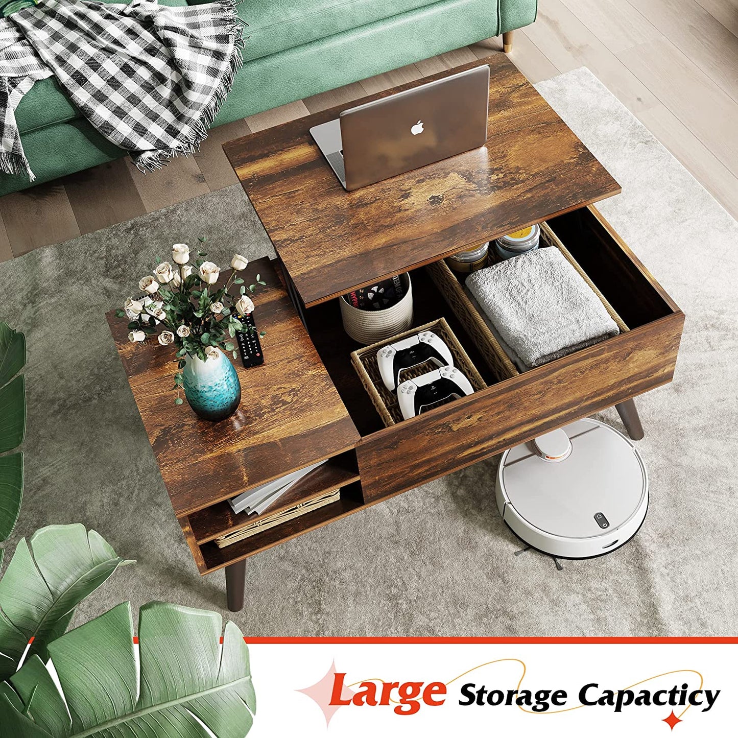 Wood Lift Top Coffee Table with Hidden Compartment and Adjustable Storage Shelf, Lift Tabletop for Home Living Room & Office, Retro Brown