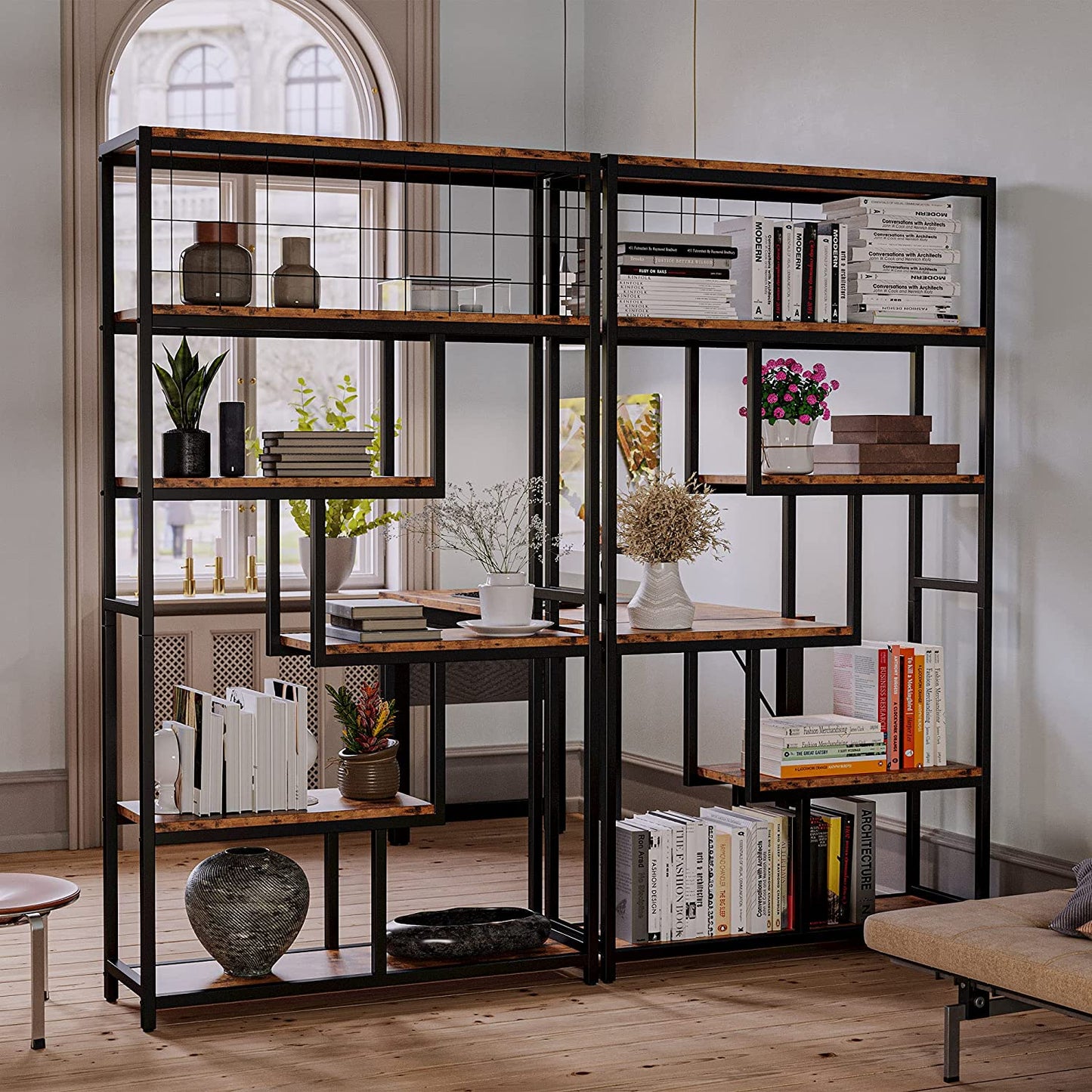 Vintage Brown Bookshelves and Bookcases , 6-Shelf Etagere Bookcase Open Display Shelves with Sturdy Metal Frame