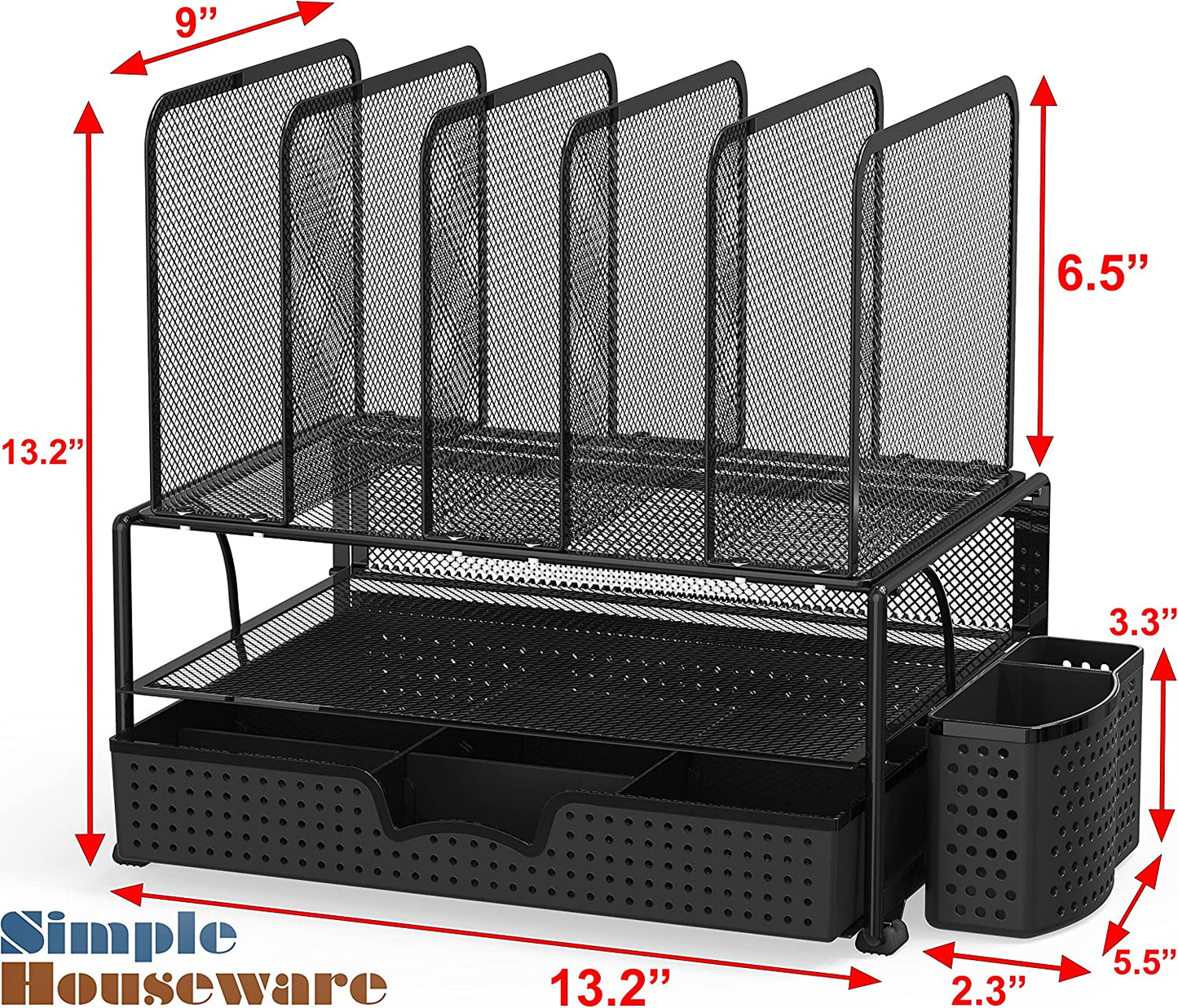 Mesh Desk Organizer with Sliding Drawer, Double Tray and 5 Upright Sections, Black